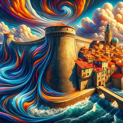 Primary subject: A large, colorful painting of a castle with a moat, surrounded by a vibrant, swirling sky.

Setting/background: The painting features a castle with a moat, and the sky is filled with swirling, vibrant colors.

Visual style: The painting is a digital artwork, showcasing a creative and imaginative visual style.

Colors and mood: The painting is predominantly blue and orange, creating a lively and ener
